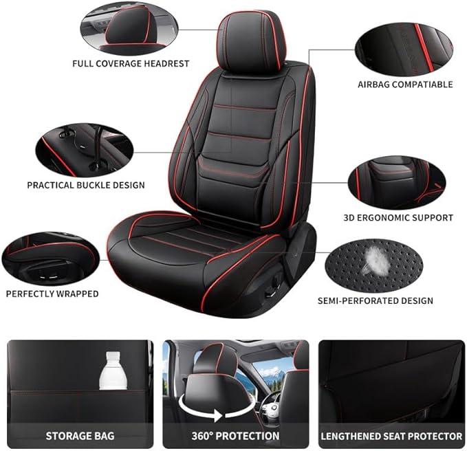 Car Seat Covers Full Set Custom Fit for Chevy Blazer 2019-2026-Luxury Leather with Lumbar Support, Breathable, Waterproof, Anti-Slip, Durable, Easy to Install (Black&Red,Full Set)