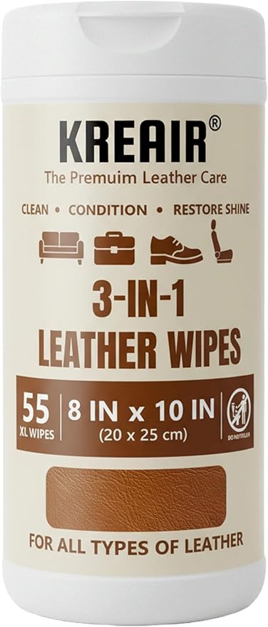 3in1 Leather Wipes 55 Count, Clean, Condition & Restore Shine, XL 8"x10" Extra-Large Wipes for Car Seats, Shoes, Furniture & Bags, For All Types of Leather, Non-Linting, Easy-Pull Lid