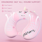 Kids Neck Pillow, Unicorn Kids Travel Neck Pillow for Traveling with Eye Mask, Toddler Travel Essentials for Road Trip Airplane Car Seat, Cute Headrest Memory Foam Pillows for Girl Gift (Pink)