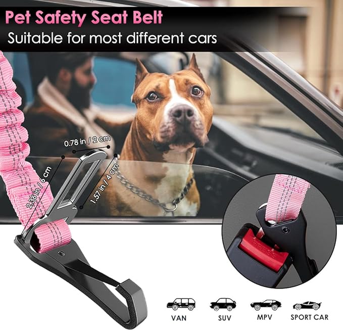 SlowTon Dog Seat Belt for Car, Adjustable 3 in 1 Dog Seatbelt with Elastic Bungee Buffer, Nylon Heavy Duty Dog Car Harness Reflective Safety Tether Leash with Latch Hook Clip Pink