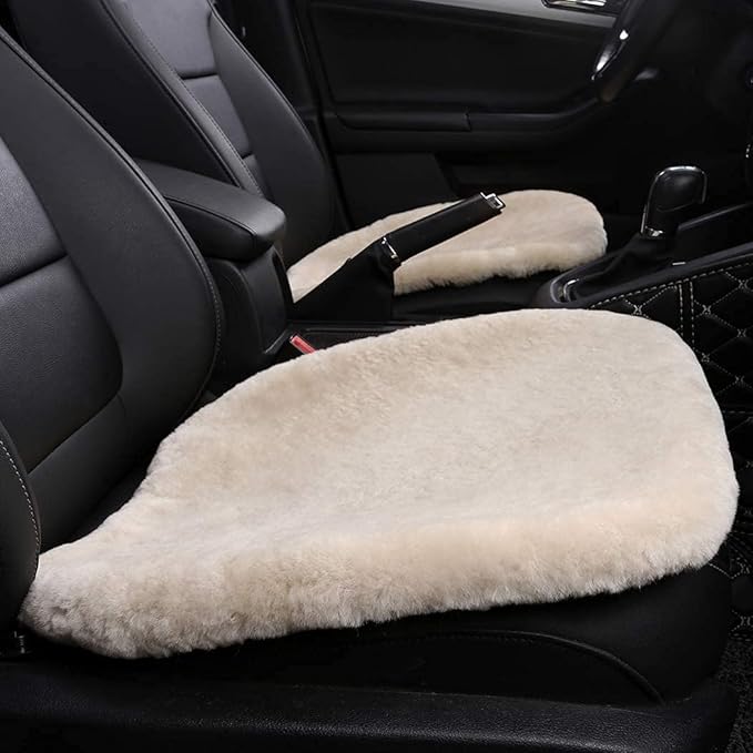 OGLAND Fluffy Genuine Sheepskin Car Seat Cover for Auto Fuzzy Interior Accessories Cushion with Soft Wool Natural Fur Non-Slip (Pearl, Front20*20Inch)