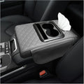 Car Center Console Armrest Pillow, Multifunctional Armrest Box Cover with Cup Phone Tissue Holder & Side Pockets, Waterproof Leather Middle Console Cushion for Most Vehicles (Gray, Embroidered)