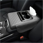 Car Center Console Armrest Pillow, Multifunctional Armrest Box Cover with Cup Phone Tissue Holder & Side Pockets, Waterproof Leather Middle Console Cushion for Most Vehicles (Gray, Embroidered)