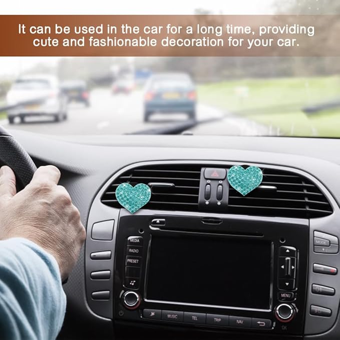 2PCS Heart-Shaped Car Vent Clip with Rhinestone, Car Vent Accessory, Bling Heart Charm Air Conditioning Outlet Clip, Auto Diffuser Air Freshener Charm for Women Girls (Lake Blue, Heart)