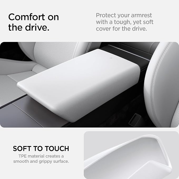 Spigen Center Console Armrest Cover for Tesla Model Y Juniper (Standard, Premium & Performance 2026/2025) and Model 3 Highland (Standard, Premium & Performance 2026/25/24) - White