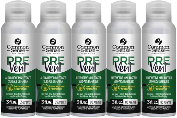 PreVent Car Fogger Deodorizing Air Refresher by Smart Common Sense, Long-Lasting Odor Control Spray for Vehicles, Lemongrass Fragrance, 3 fl. Oz 5-Pack