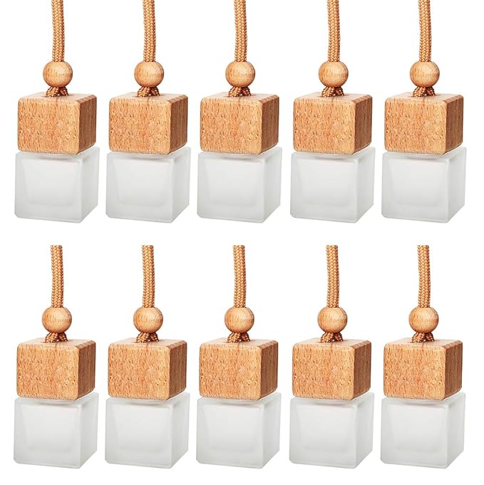 8ml Car Hanging Perfume Air Freshener Diffuser,Empty Frosted Glass Perfume Vials Diffuser,Thick Square Ornament Fragrance Container With Wooden Caps & Hanging String,FREE Funnel,Dropper-Pack of 10