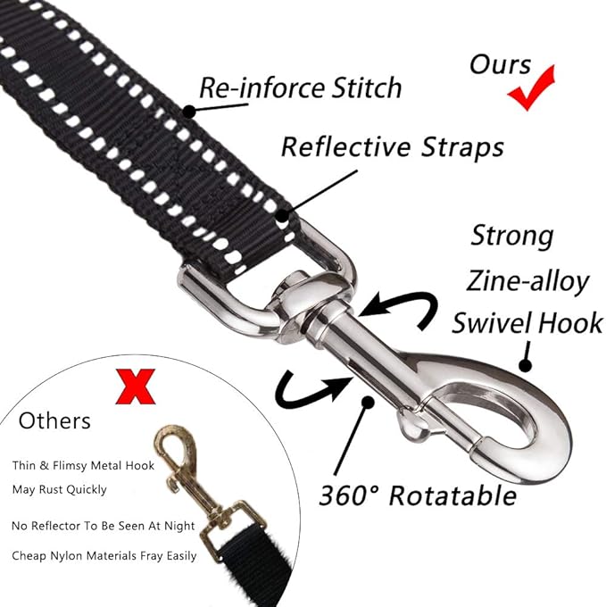 PoyPet 5 Feet Dog Leash - 3M Reflective - 2 Cushioned Handles - Functional Car Seat Belt(Black)