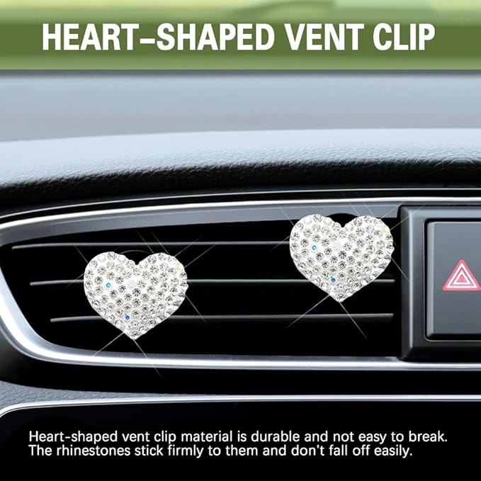 2PCS Bling Heart Air Vent Clips, Heart Car Accessories, Bling Heart Charm Air Conditioning Outlet Clip, Car Interior Decor Air Fresheners Vent Clips Universal Fit for Women and Girls (White)