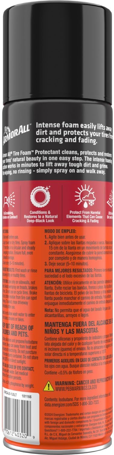 Armor All Tire Foam, Tire Cleaner Spray for Cars, Trucks, Motorcycles, 20 Oz Each, 1.25 Pound (Pack of 1)