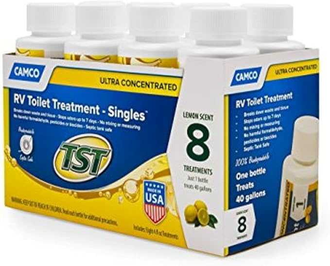 Camco TST MAX RV Toilet Treatment - Formaldehyde Free - Breaks Down Waste And Tissue - Septic Tank Safe - Treats up to 8-40 Gallon Holding Tanks -Lemon Scent, (8) 4 oz Bottles (41571)