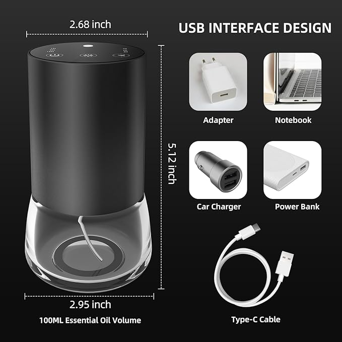 Waterless Essential Oil Diffuser 100ML Large Capacity Battery Operated Cordless Aromatherapy Diffuser with Timing & 3 Mist Levels car Diffuser 7 Colour Led Lights (Black-4)