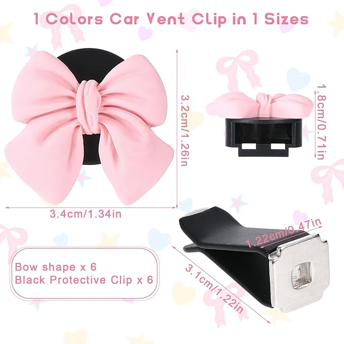 6pcs Pink Bow Car Vent Clips Air Freshener Vent Clip Cute Air Conditioning Outlet Clip Car Interior Decor Charm Accessories(3.2 cm, 3.4 cm)