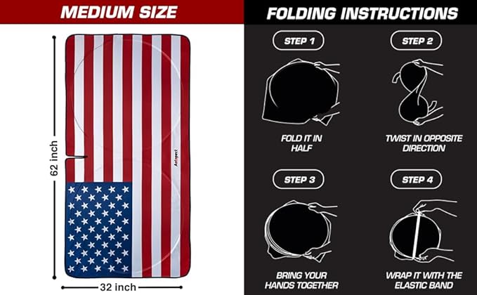 Windshield Sun Shade - American Flag Design, High-Resolution Sun Visor for Car, Truck, SUV with Mirror Cut-Out for Interior Sun Protection, Foldable Car Sun Shade (Original, Medium)