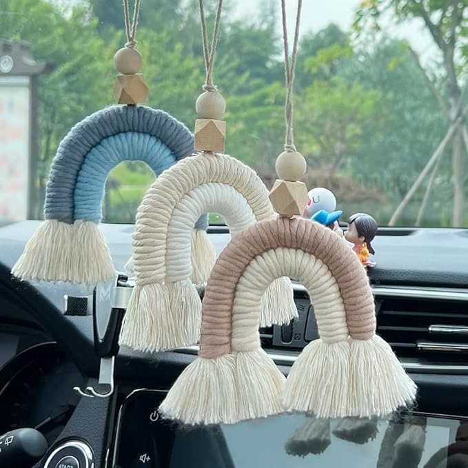 Macrame Rainbow Charm Boho Felt Ball Wood Bead Essential Oils Diffuser Interior Decor Handmade Car Accessories Colorful Hanging Air Freshener Decor(Beige)