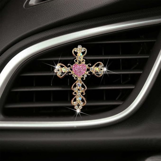 2 Pack Car Vent Clips,Crystal Cross and Heart Air Vent Clips,Bling Car Accessories for Women & Girls(Pink)