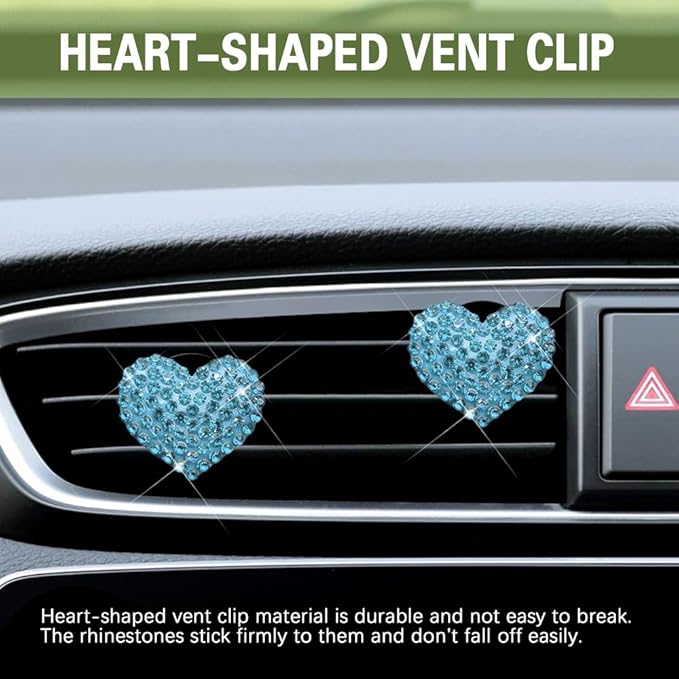 2PCS Bling Heart Air Vent Clips, Heart Car Accessories, Bling Heart Charm Air Conditioning Outlet Clip, Car Decor Air Fresheners Vent Clips Universal Fit for Women and Girls (Lake blue)