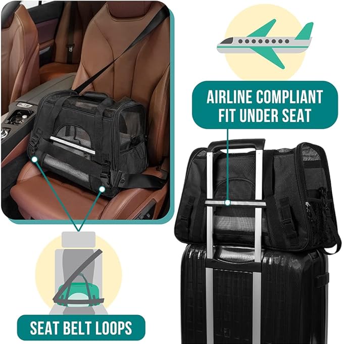 PetAmi Airline Approved Pet Carrier for Cat, Soft Sided Dog Carrier for Small Dogs, Cat Travel Supplies Accessories for Indoor Cats, Ventilated Pet Carrying Bag Medium Large Kitten Puppy, Large Black