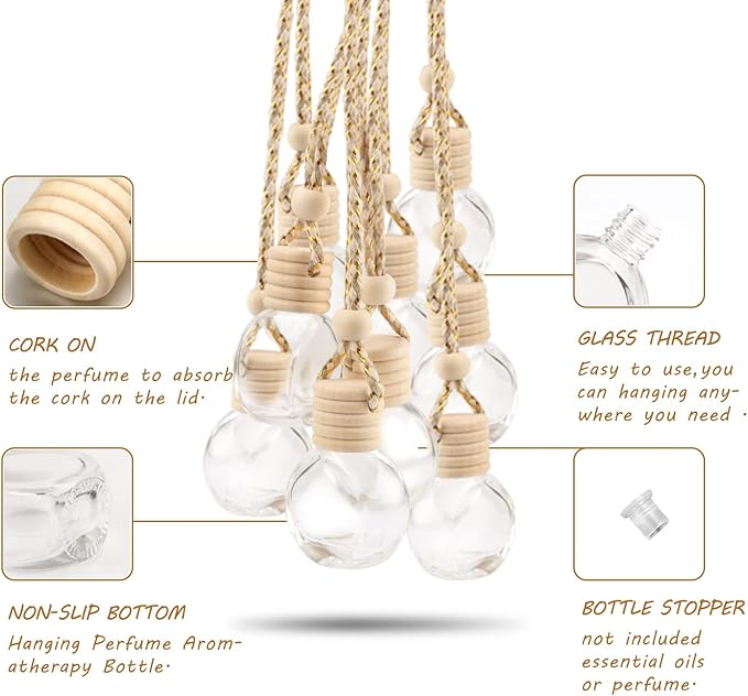 20 Pcs 10ml Oblate Hanging Car Air Freshener Diffuser,Empty Refillable Clear Glass Essential Diffuser Oil Aromatherapy Fragrance Perfume Pendant Vials with Wooden Caps & Hanging String