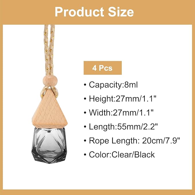 uxcell 4pcs Hanging Car Air Freshener Perfume Bottle, 8ml Pendant Empty Clear/Black Glass Essential Oil Aromatherapy Diffuser with Wooden Cap for Car Decor (Clear/Black, Rhombus)