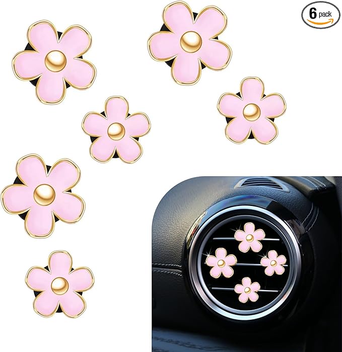 6PCS Daisy Flower Air Vent Clip, Cute Car Air Fresheners Clips, Refillable Auto Air Conditioning Outlet Clips Diffuser, Pink Air Vents Decorations for Women and Girl (Pink)