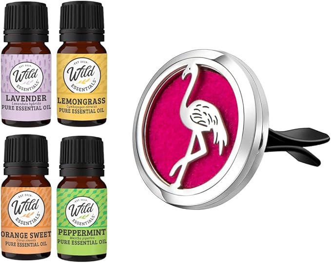 Wild Essentials Flamingo Essential Oil Car Vent Diffuser Kit with Lavender, Lemongrass, Peppermint, Orange Oils, Stainless Steel Locket Pendant, 8 Refill Pads, Customizable Color Changing Air Fresh