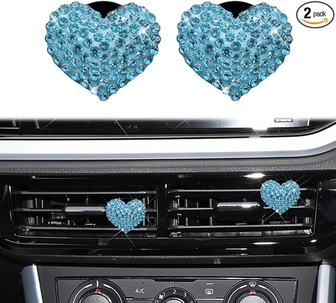 2PCS Bling Heart Air Vent Clips, Heart Car Accessories, Bling Heart Charm Air Conditioning Outlet Clip, Car Decor Air Fresheners Vent Clips Universal Fit for Women and Girls (Lake blue)