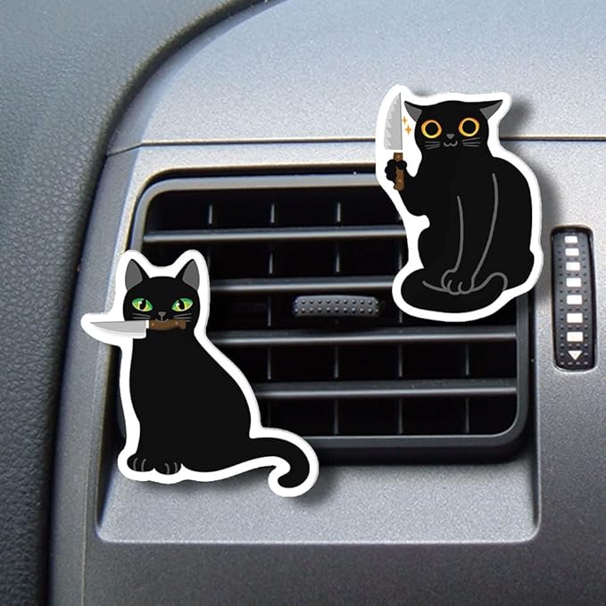 WIRESTER Set of 2 Fresh Scented Car Air Freshener Vent Clip, Decorative Accessories, Interior Decoration for Cars - Black Cat With Knife (S1) & Black Cat With Knife (S2)