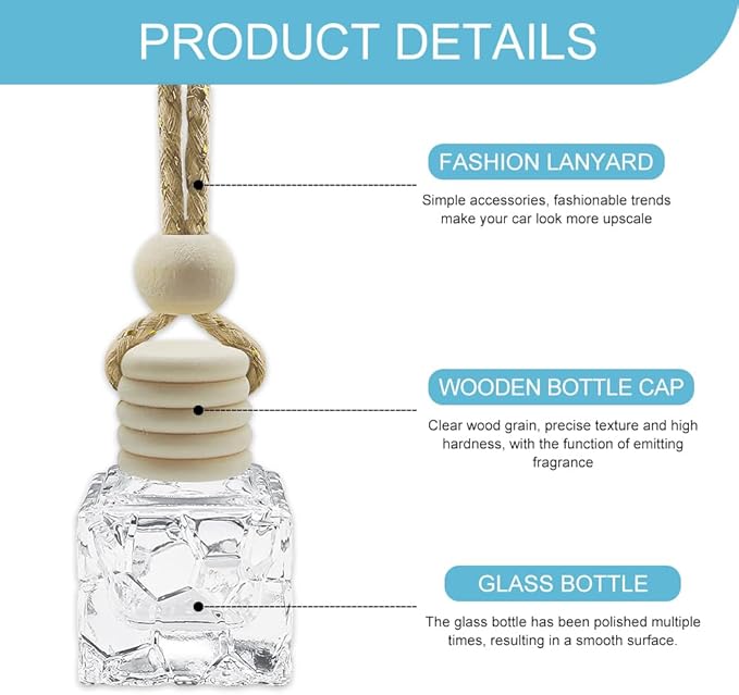 5PCS Hanging Car Air Freshener, Car Air Freshener Diffuser, 8ml Empty Glass Auto Oil Perfume Aromatherapy Diffuser Charms, Refillable Perfume Bottles for Most Vehicles (Water Cube, Style 1)