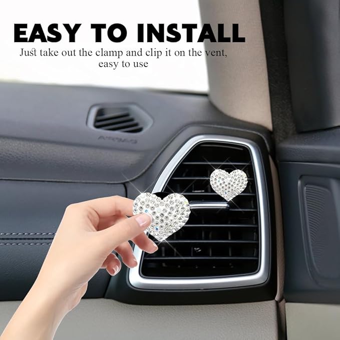 4PCS Bling Heart Air Vent Clips, Car Air Freshener for Women, Air Fresheners Diffuser Clip Charm, Car Air Conditioning Outlet Clip Decorative Accessory for Women Girls (White, Style1)