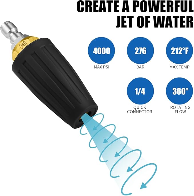 4000 PSI Turbo Nozzle Pressure Washer Pressure Washer Tips 1/4" Quick Connect with 7 Power Washer Nozzle Tips Kit Multiple Degrees (0, 15, 25, 40, 65, Rinse1, Soap2) for Car Concrete Brick
