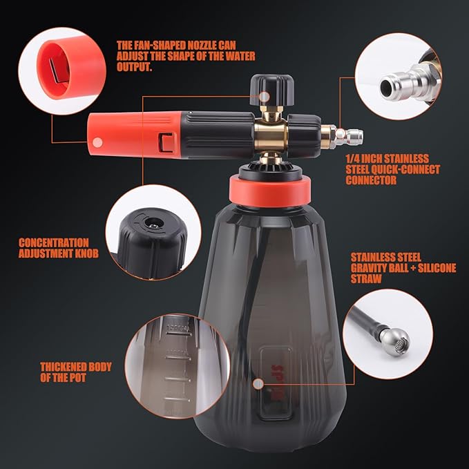 SPTA PRO Foam Cannon (Thicker Snow Foam Technology) with 1/4 Inch Quick Connector for Pressure Washer (Wide Mouth), 34 Oz Bottle (1/4" Quick Connector) with Adjustable Thick Foam+16Oz Car Wash Soap