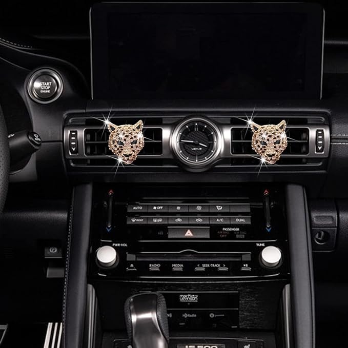 4Pcs Golden Bling Leopard Air Vent Clips, Crystal Car Air Fresheners Vent Clips Diffuser Vent Clip Rhinestone Leopard Decoration Interior Decor Bling Accessories for Women
