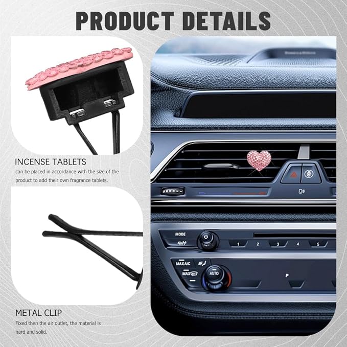 2PCS Bling Heart Air Vent Clips, Heart Shaped Crystal Air Freshener Vent Clips, Rhinestone Air Conditioning Outlet Clip, Universal Interior Decor Car Accessories for Women Girls (Pink)