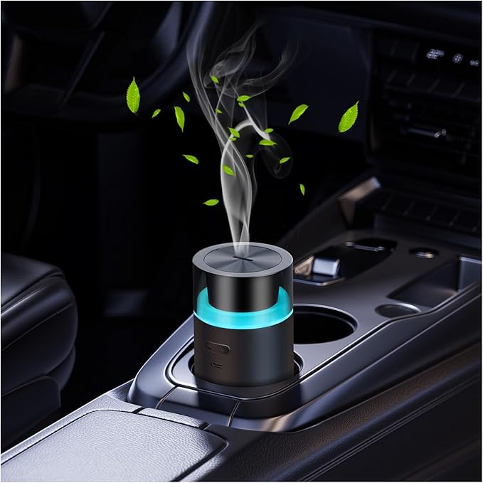 HODEMI Portable Smart Car Essential Oil Diffuser,Cordless Mini Cold Mist Aromatherapy Air Freshener Diffuser with Mode Memory,Auto On/Off,4/8 Timer Modes,for Bedroom Office and Travel (Black)