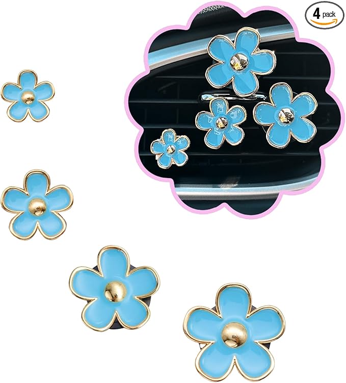 4pcs Flowers Air Vent Clips Car Air Freshener,Girly Flowers Car Accessories for Women,4 Sizes Light Blue Daisy Flower Car Vent Clips Cute Car Decor,Refillable Car Diffuser