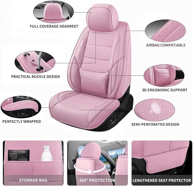 Car Seat Covers Custom Fit for Chevrolet/Chevy Captiva 2006-2018, Premium Faux Leather Waterproof Car Seat Protectors with Lumbar Support, Breathable Anti-Slip Easy to Install(Pink,Full Set)