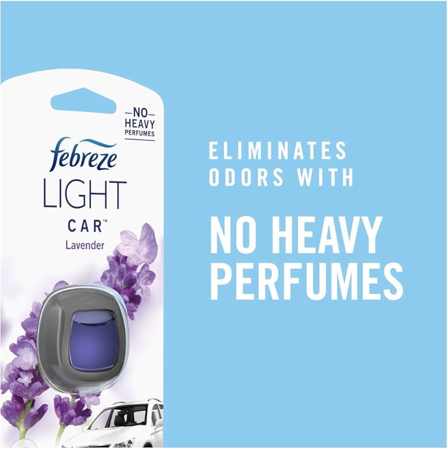 Febreze LIGHT Odor-Fighting Car Freshener Vent Clip Lavender, 06 oz, Pk of 3 and Storage Case, Beige
