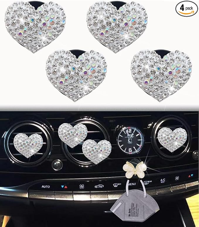 4 Pcs Silver Bling Heart Air Vent Clips, Heart Car Air Fresheners Vents Clips Car Diffuser Diamond Car Interior Decor Charm Cute Cars Accessories Cars Decoration for Women + Cute Butterfly Mask Hook