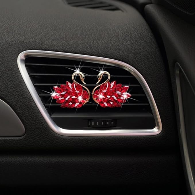 Katutude 2 Pcs Crystal Swan Car Air Vent Clips with Fragrance Tablets, Car Diffuser Air Freshener Vent Clips Air Conditioner Outlet Clip Charm Bling Car Interior Decoration, Red