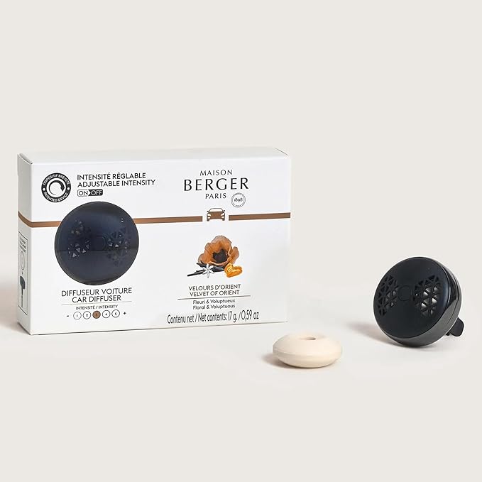 Maison Berger Car Diffuser Set – Refillable Vent Clip, Ceramic Refill, Made in France - Luxury Auto Scent - 4-Week Diffusion - Elegant Air Freshener for All Car Vents (Velvet of Orient)