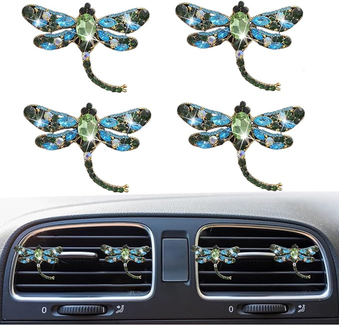 4Pcs Bling Rhinestone Crystal Dragonfly Air Freshener Vent Clips,Cute Car Air Fresheners Vent Clips Accessories,Refillable Car Diffuser, Glamorous Auto Decor (Green)