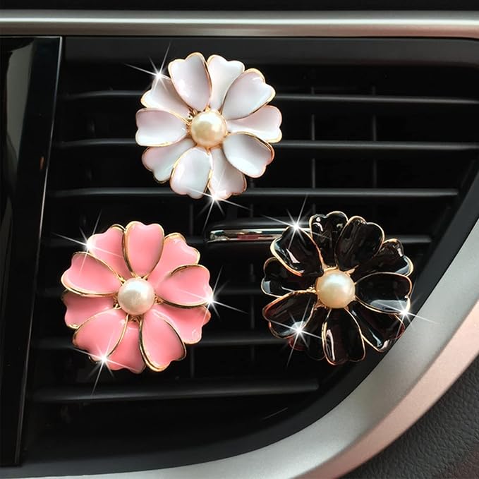 2 Pieces Daisy Flower Air Vent Clip Cute Car Air Freshener Clip Bling Pearl Car Air Outlet Decorations Charm Car Inter Decor Accessories for Girls Women