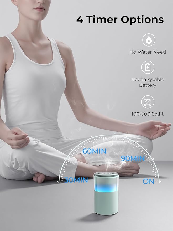 Battery Operated Waterless Diffuser – Portable Scent Machine for Car, Office & Bedroom, Ultrasonic Aroma Mist with 9 Color LED Light, Mini Essential Oil Diffuser Light Cyan