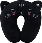 Travel Pillow for Kids, Cute Animal Neck Pillow Support U Shaped Cushion Plush Soft Rest Reading Pillows Sleeping Pillows for Airplane Train Car (Color:Black cat)