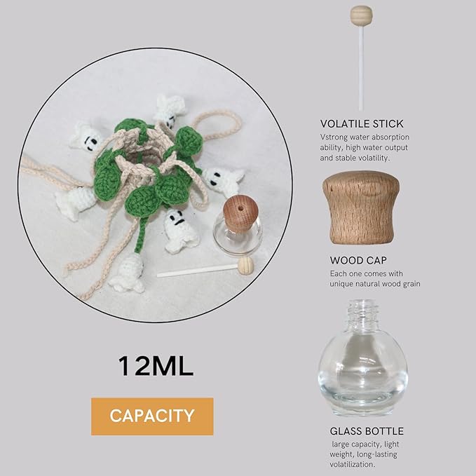 Handmade Crochet Hanging Car Air Freshener - Glow-in-the-Dark Lily of the Valley Plant with 12ml Refillable Essential Oil Diffuser Bottle, Halloween Car Accessories & Bedroom Nightlight Decor