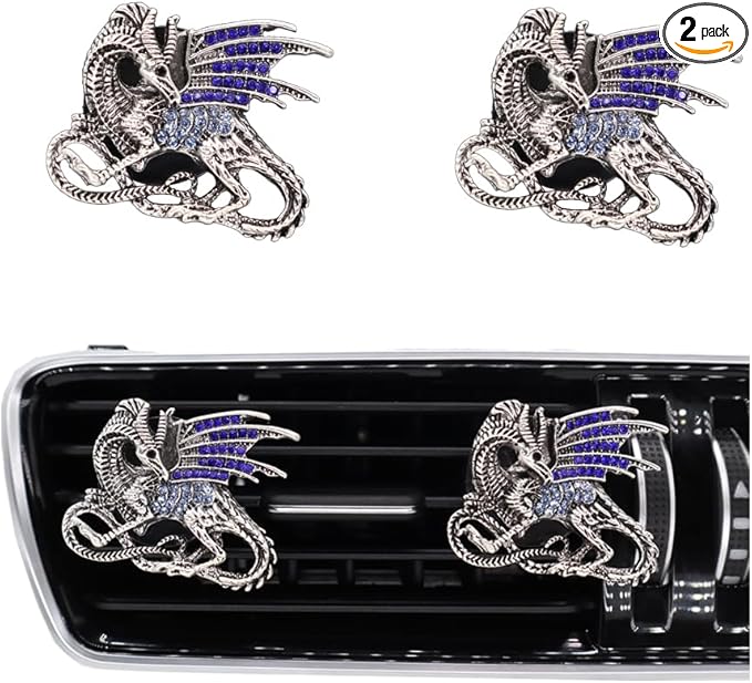 Bling Dragon Car Decor,2pcs Silver Blue Vintage Dragon Car Air Freshener Vent Clips,Refillable Diffuser