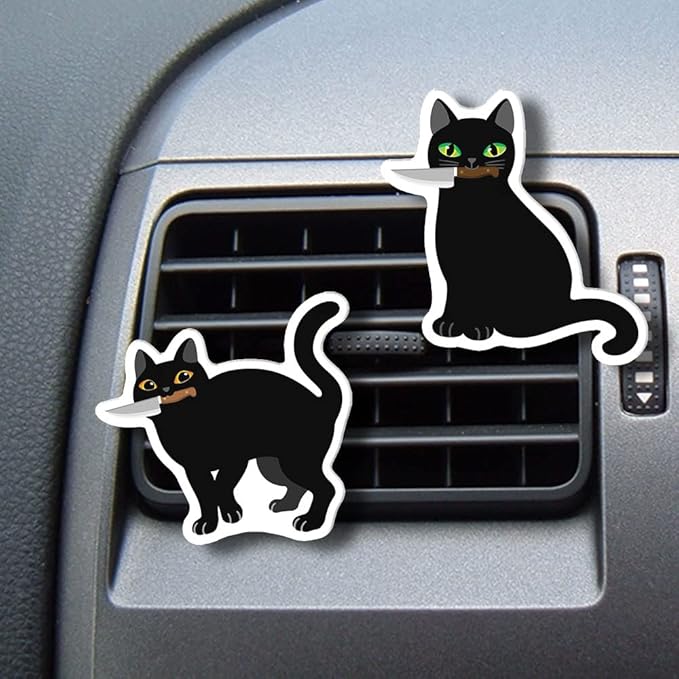 WIRESTER Set of 2 Fresh Scented Car Air Freshener Vent Clip, Decorative Accessories, Interior Decoration for Cars - Black Cat With Knife & Black Cat With Knife (S1)