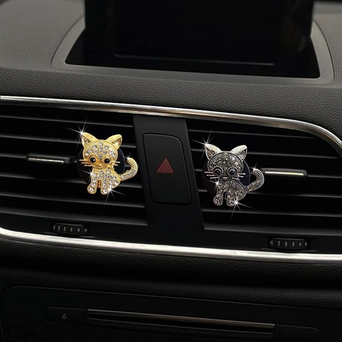 Cute Diamond Cat Air Vent Clip Air Conditioning Outlet Clip Car Air Freshener Clip Charm Car Inter Decor Accessories (Grey)