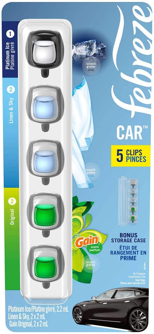 Febreze Car Air Freshener 5 Count Platinum, Linen & Sky, Gain Original Vent Clips